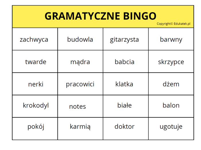 Gramatyczne bingo- utrwalanie rzeczownika, czasownika, przymiotnika
