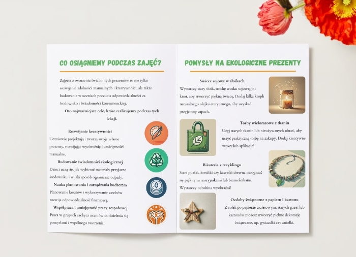 Przewodnik dydaktyczny. Plan lekcji. Ekologiczne prezenty. Pomysły na rękodzieło. Nauka planowania budżetu. Świadomość ekologiczna.