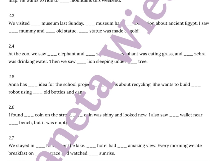 RODZAJNIKI (A, AN, THE) the articles E8 – Zbiór zadań do egzaminu ósmoklasisty z języka angielskiego. Poziom A2/A2+ – 10 STRON ZADAŃ, różnice w stosowaniu a, an i the w zadaniach, ćwiczenia użycia w sytuacjach codziennych, wypełnianie luk w tekście, twor