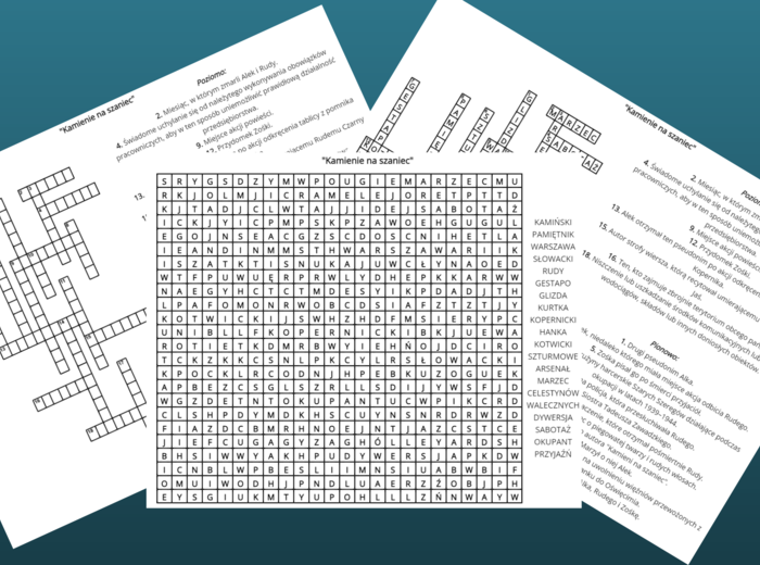 "KAMIENIE NA SZANIEC" - krzyżówka, wykreślanka - lektury obowiązkowe kl.7-8