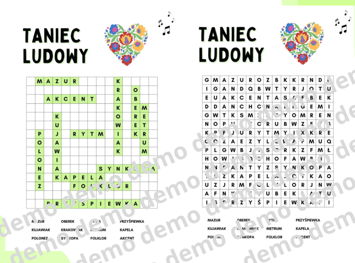 Muzyka, klasa 4-5. Taniec ludowy. Karta pracy: wykreślanka.