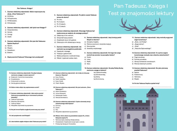 Zestaw testów - Pan Tadeusz. Księgi I, II, IV, X, XI, XII