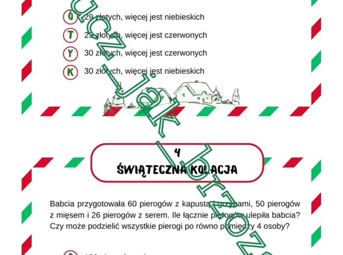 Stacje zadaniowe, mikołaj, boże narodzenie, szyfr, klasa 5, liczby naturalne i ułamki zwykłe