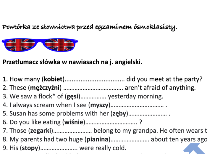 Nowa mega powtórka ze słówek przed egzaminem ósmoklasisty- aż 40 zdań z lukami+ klucz