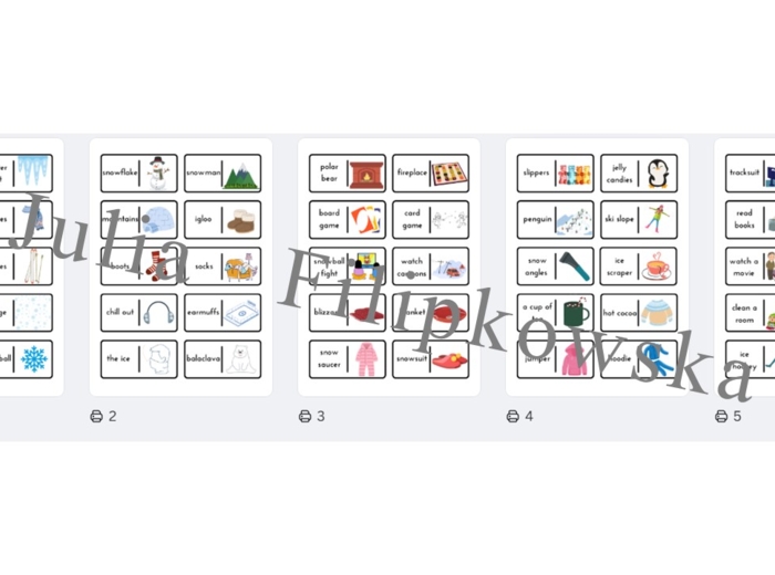 Winter holidays domino/ Ferie zimowe/ Zima / Domino/ Gra/ Gra językowa/ Karty obrazkowe/ Zabawa/ Dzieci/ Warm-up/ Rozgrzewka/ Słowncitwo