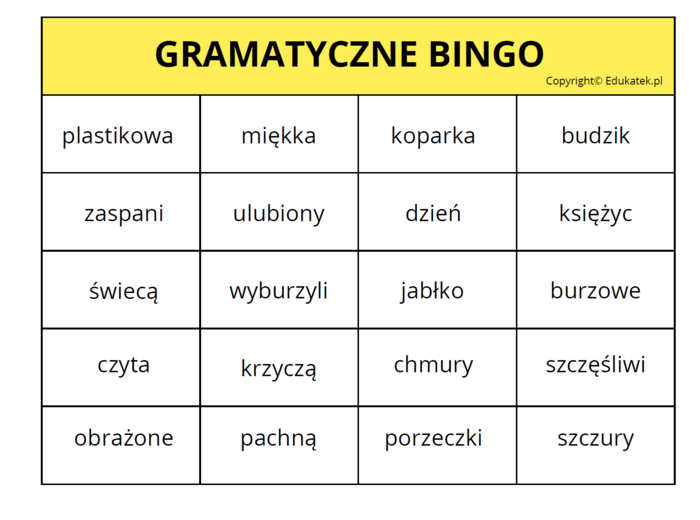 Gramatyczne bingo- utrwalanie rzeczownika, czasownika, przymiotnika