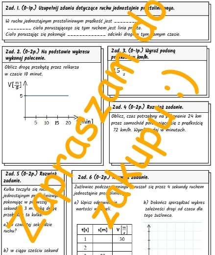 Ruch jednostajny prostoliniowy - kartkówka, karta pracy
