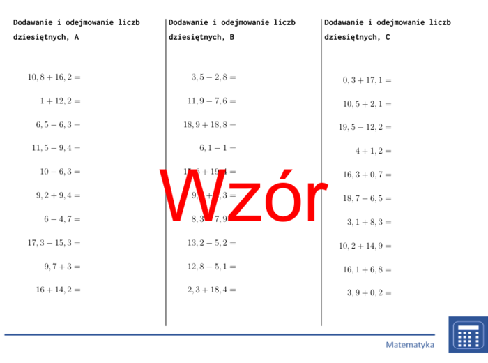 Dodawanie i odejmowanie liczb dziesiętnych | matematyka | 26 kolumn