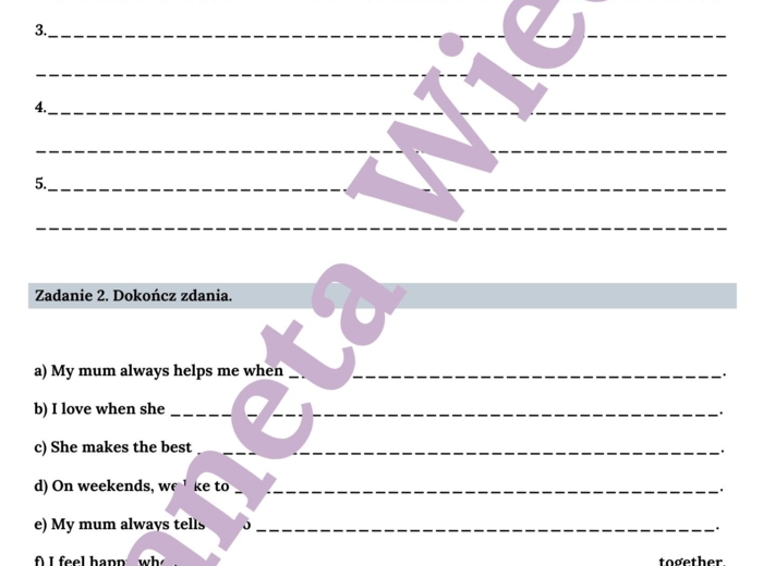 KARTA PRACY NA DZIEŃ MAMY - MOTHER'S DAY WORKSHEET, KLASY 4-8 SZKOŁY PODSTAWOWEJ- wykreślanka, ćwiczenia znajomości przymiotników i zdań opisujących, zadania pisemne