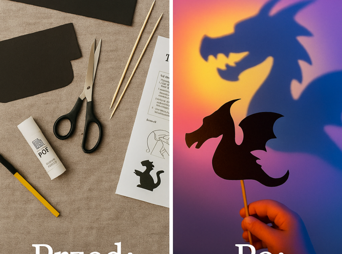 Teatrzyk cieni: własnoręcznie zrobione figurki z tektury, lampa, biała ściana.