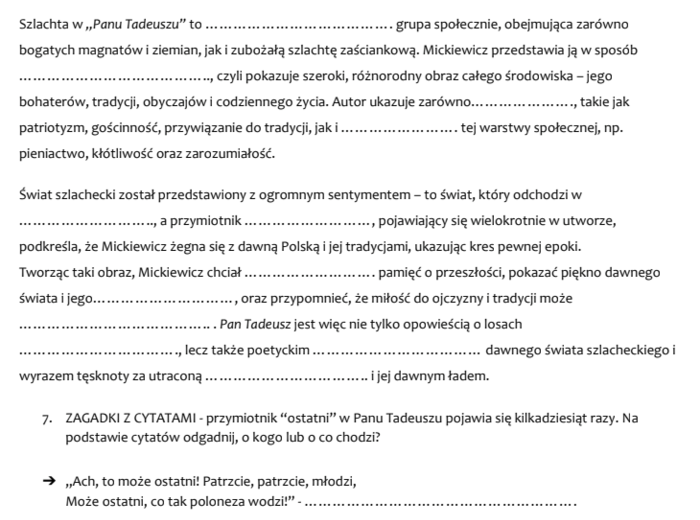 Obraz szlachty w "Panu Tadeuszu" - karta pracy