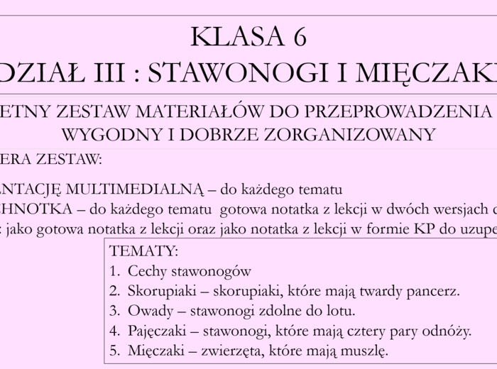 Klasa 6 - Stawonogi i mięczaki - pakiet z działu
