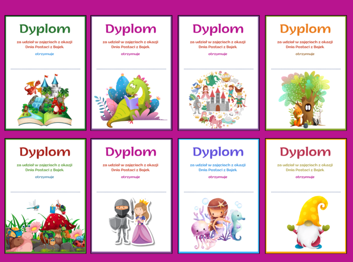 DZIEŃ POSTACI Z BAJEK – dyplomy – 17 wersji – biblioteka – świetlica - przedszkole