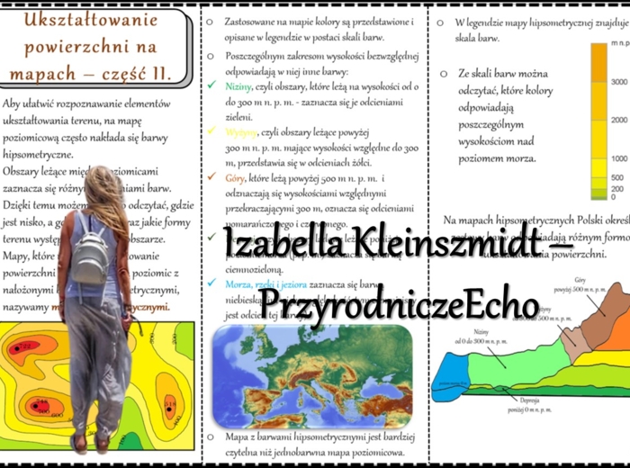 Książeczka/sketchnotka/notatka/wklejka/ściąga dla ucznia i przypomnienie dla nauczyciela/edukacja domowa. Temat „Ukształtowanie powierzchni na mapach - barwy hipsometryczne” w pdf. Geografia 5, dział „Mapa Polski”. Nowość 2024/2025.