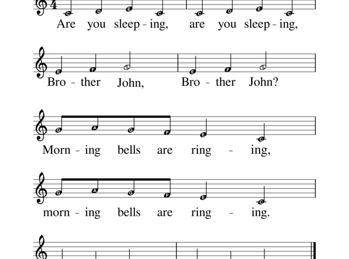 Are you sleeping, are you sleeping, Brother John? Nuty do piosenki, tekst w języku angielskim, podpisane nazwy dźwięków. Wygodna, duża czcionka.