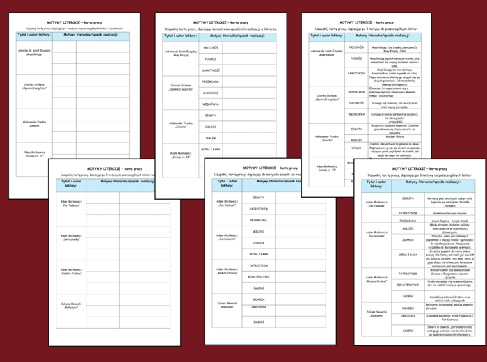 MOTYWY LITERACKIE – lektury – egzamin – lektury z kl. 4-8 - powtórka – KARTA PRACY – karty + ODPOWIEDZI - wersja 2