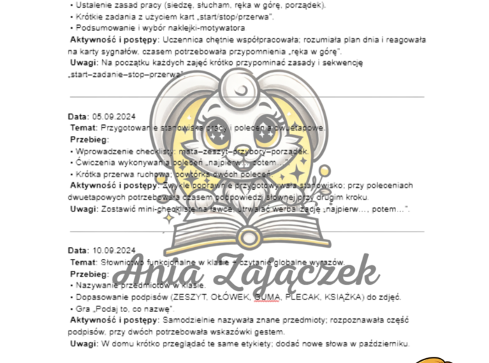 WPISY do Dziennika Uczeń z niepełnosprawnością intelektualną w stopniu umiarkowanym