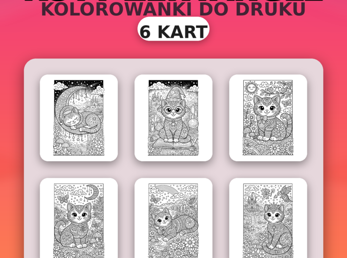 Dzień Kota: koty zentangle – zestaw 6 kolorowanek A4 (PDF)