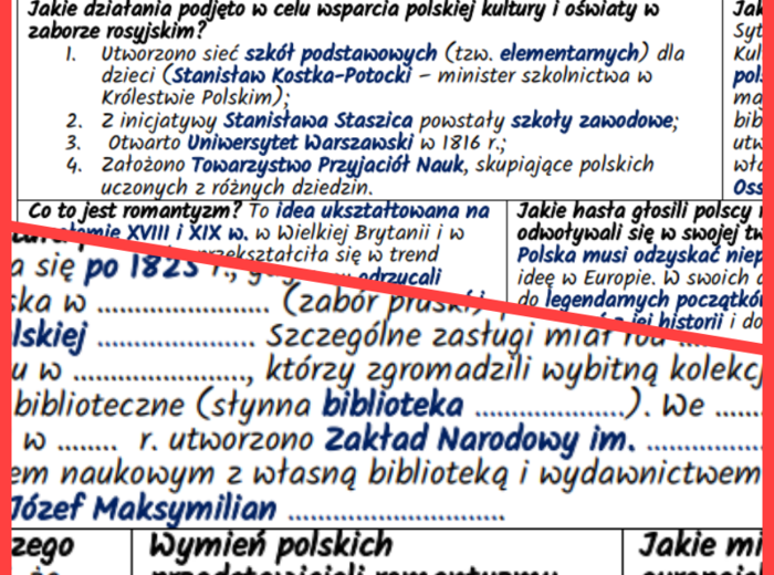 Kultura i oświata w dobie zaborów - notatki, karta pracy