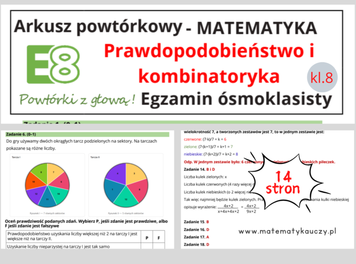 ARKUSZ POWTÓRKOWY kl.8 – PRAWDOPODBIEŃSTWO i KOMBINATORYKA + odpowiedzi / Wymagania od 2025 roku