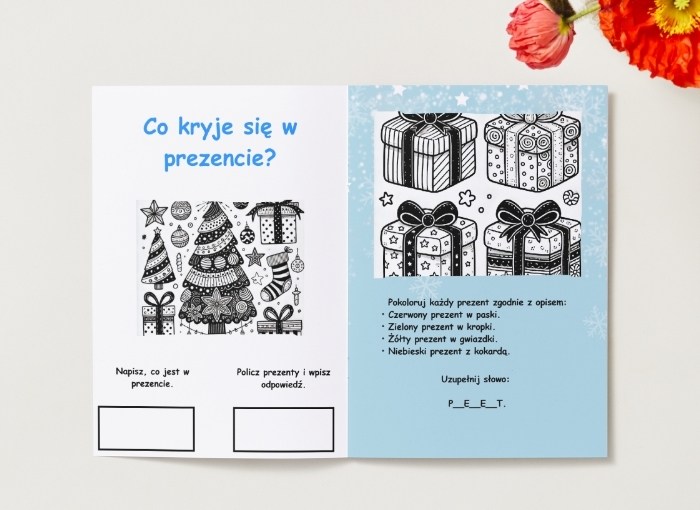 Kolorowanki. Prezenty. Choinka. Dekoracje