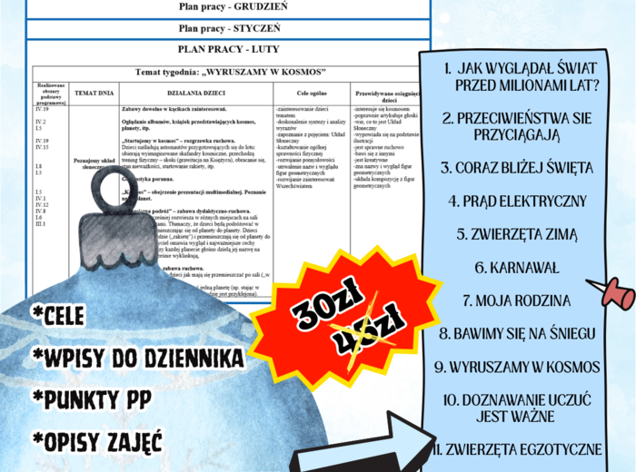 PLANY PRACY - ZIMA (plany do edycji z wpisami do dziennika, celami, punktami PP, materiałami do druku)