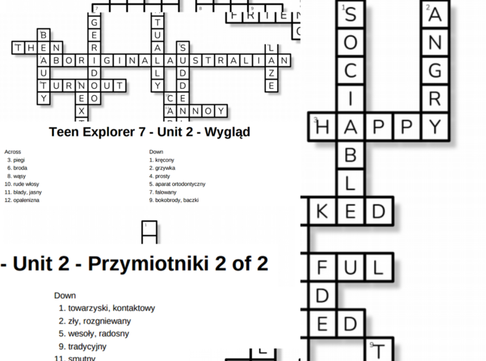 Teen Explorer 7 – Unit 2 – krzyżówki – Inne słówka_Wyrazy łączące/Przymiotniki/Użyteczne wyrażenia/Wygląd/Zwroty przyimkowe