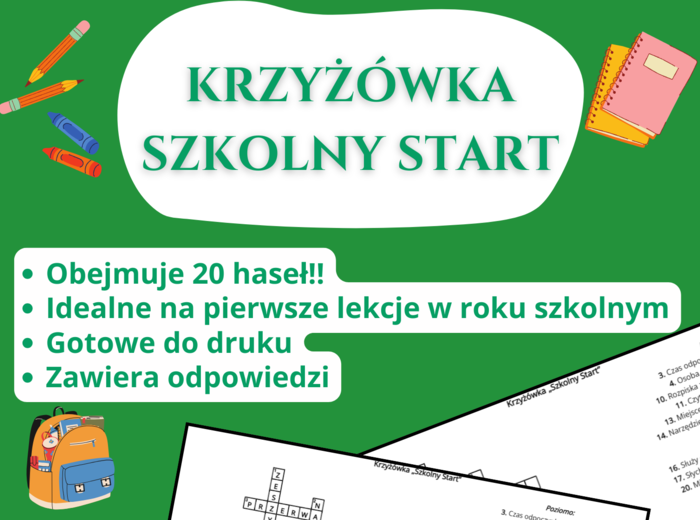Krzyżówka „Szkolny Start” ✏️📚 – początek roku szkolnego, godzina wychowawcza, świetlica, klasy 1–3, klasy 4–6, klasy 7–8