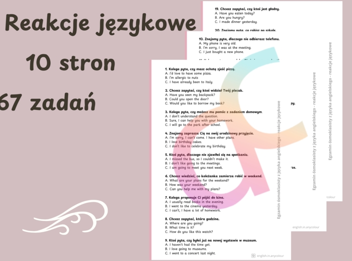 Angielski - Egzamin ósmoklasisty. Reakcje językowe (zadanie 5). 67 ćwiczeń z kluczem odpowiedzi