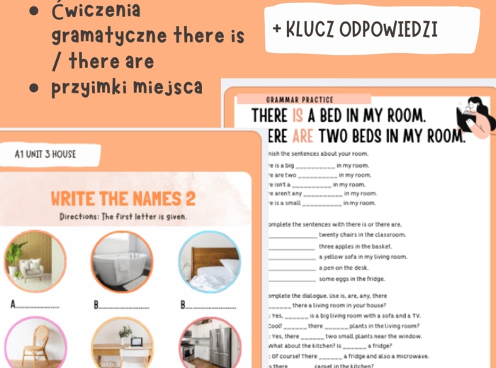 Karty pracy English Class A1 unit 3 House, ćwiczenia there is/ there are, słownictwo związane z domem, przyimki miejsca