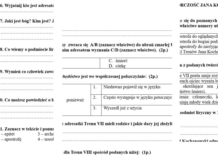Jan Kochanowski - życie i twórczość SPRAWDZIAN + KLUCZ ODPOWIEDZI