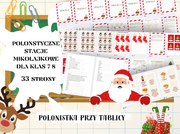 Mikołajki na języku polskim, lekcja mikołajkowa, stacje zadaniowe, stanowiska klasy 7-8