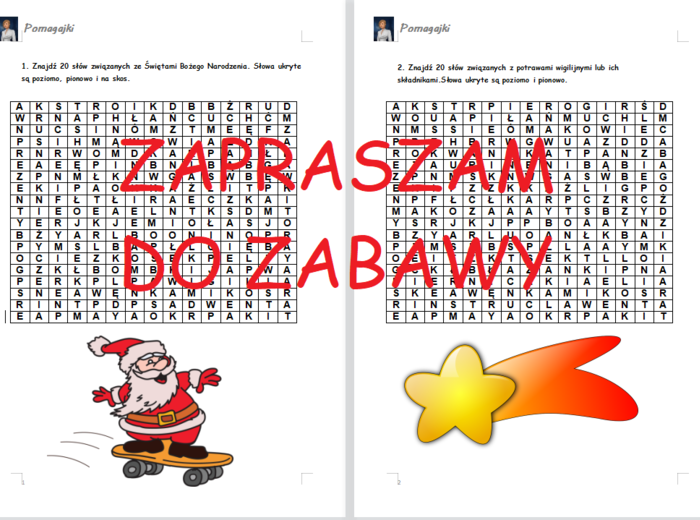 ☃?Świąteczne wykreślanki - 2 wykreślanki: ze słowami związanymi ze Świętami Bożego Narodzenia, z potrawami wigilijnymi