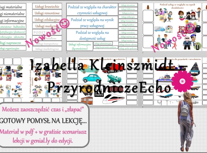 Pomysł na lekcję/karta pracy/stacje zadaniowe/notatki/ materiał do lekcji do tematu „Rodzaje usług. Transport i łączność” w pdf. W gratisie niekomercyjny scenariusz lekcji/pomysł na lekcję w programie genial.ly do edycji. Geografia 7. Usługi w Polsce”.