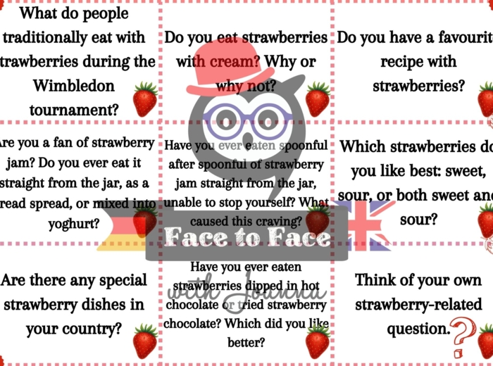 Karty do dyskusji i 3 Gry „Truskawkowe pytania“ – gra językowa na lato na ostatnie zajęcia A1+–B2