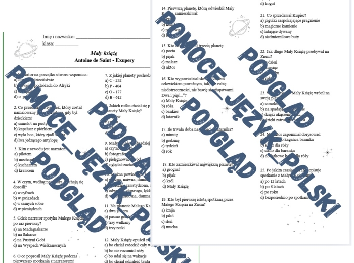 MAŁY KSIĄŻĘ - test, kartkówka ze znajomości lektury