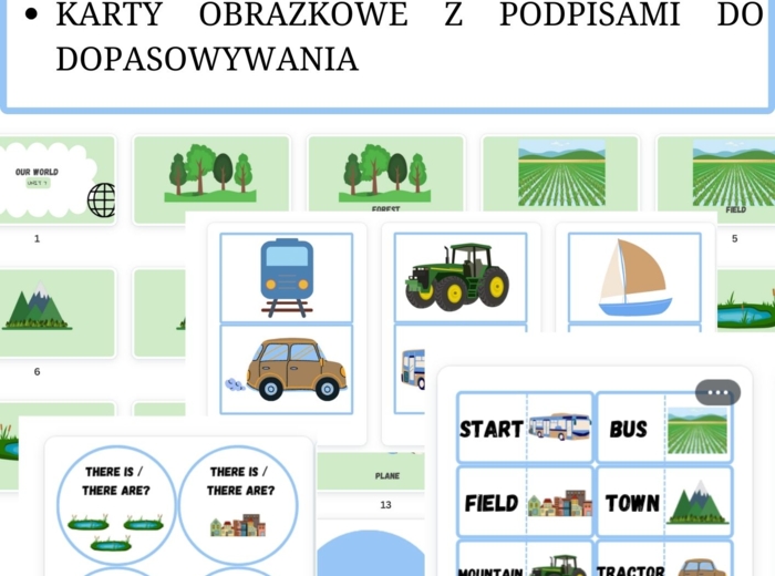 Gotowa lekcja do podręcznika New English Adventure 2 UNIT 7 - OUR WORLD, prezentacja, flashcards, gra doino, gra stolikowa, karty do ćwiczenia THERE IS / THERE ARE