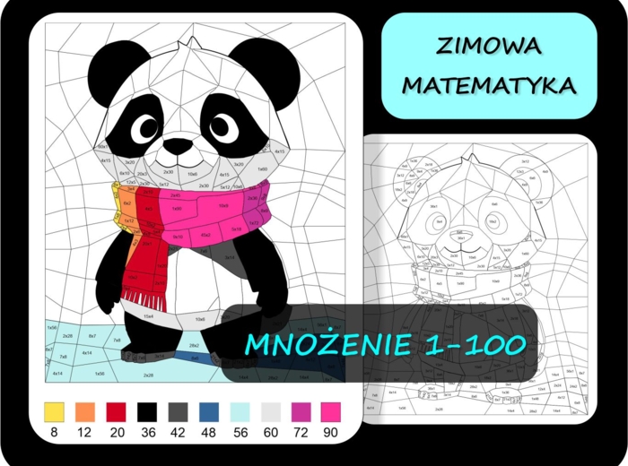 Kolorowanka matematyczna tabliczka mnożenia, pokoloruj według wyników mnożenia, zimowa matematyka