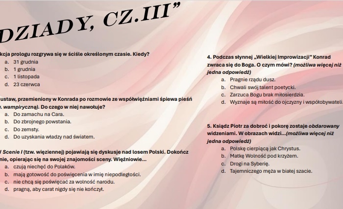 Test wprowadzający z lektury "Dziady, cz. III"