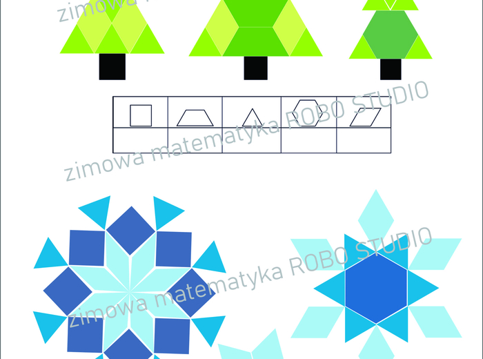 Zimowa matematyka- policz kształty, figury geometryczne, kwadrat, trójkąt, romb, trapez, sześciokąt