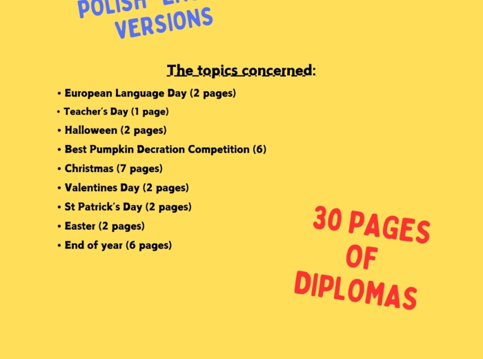 Dyplomy/ Certyfikaty Diplomas język angielski. Zestaw w 2 wersjach językowych, na różne okazje.