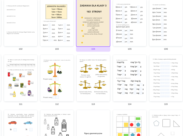 Karty z zadaniami z matematyki dla klasy trzeciej na cały rok 163 strony
