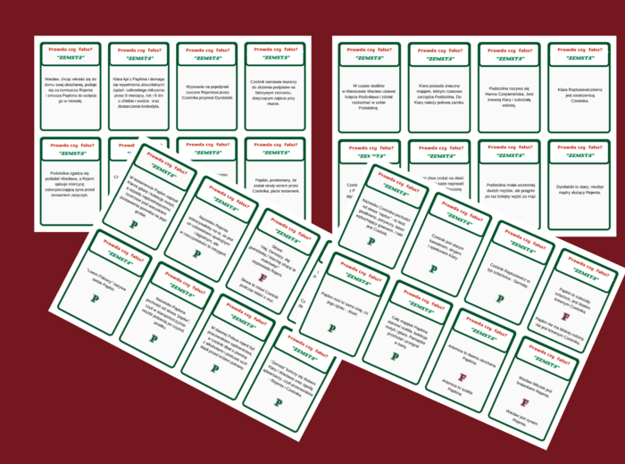 "ZEMSTA" – 40 fiszek – fiszki – PRAWDA – FAŁSZ – lektury obowiązkowe