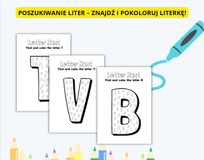 KOLOROWANIE LITEREK, LETTER HUNT, LITERKI, KREATYWNOŚĆ, ANGIELSKI