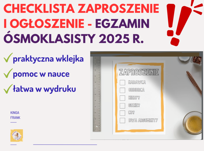 📚 Gotowa Checklista dla Ósmoklasistów – ZAPROSZENIE I OGŁOSZENIE! 🎯