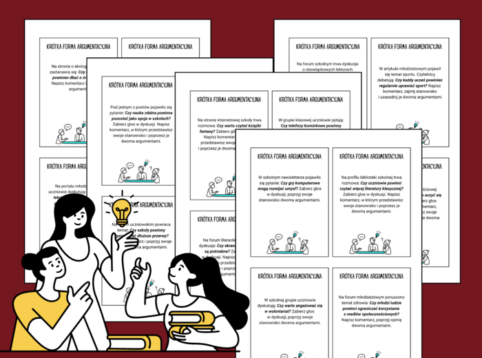 📚  KRÓTKA  WYPOWIEDŹ  ARGUMENTACYJNA (E8) - fiszki - egzamin - klasy 7-8 - powtórka - 88 szt.