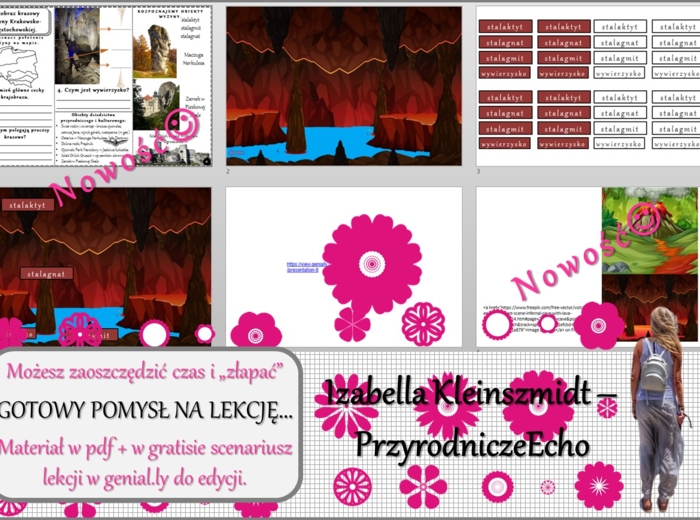 Pomysł na lekcję/karta pracy/stacje zadaniowe/notatki/ materiał do lekcji do tematu „Krajobraz krasowy Wyżyny Krakowsko-Częstochowskiej” w pdf. W gratisie niekomercyjny scenariusz lekcji/pomysł na lekcję w programie genial.ly do edycji. Geografia 5. Dzia