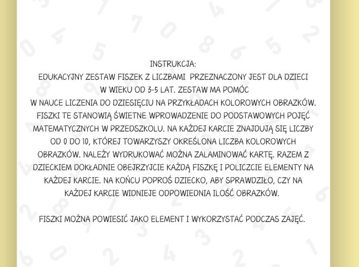 ZESTAW EDUKACYJNYCH FISZEK Z LICZBAMI DLA DZIECI W WIEKU OD 3 -5 LAT.
