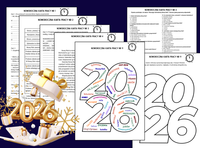 🎆 NOWOROCZNE KARTY PRACY  – nauka z motywem Nowego Roku 🎉 - 9 kart + odpowiedzi