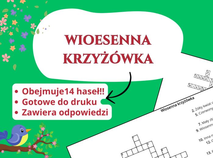 Wiosenna krzyżówka 🌸🌞 – świetlica, język polski, przyroda, biologia, godzina wychowawcza, pierwszy dzień wiosny, klasa 1-3, klasa 4-6